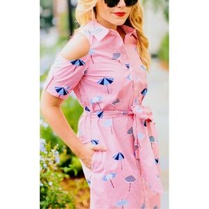 Draper James Shirt Dress Cold Shoulder Striped Umbrella Print Belted Size 2 NWOT